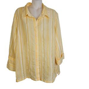 Coldwater Creek Womens Shirt XL Button Up 3/4 Sleeve Yellow Striped Semi Sheer